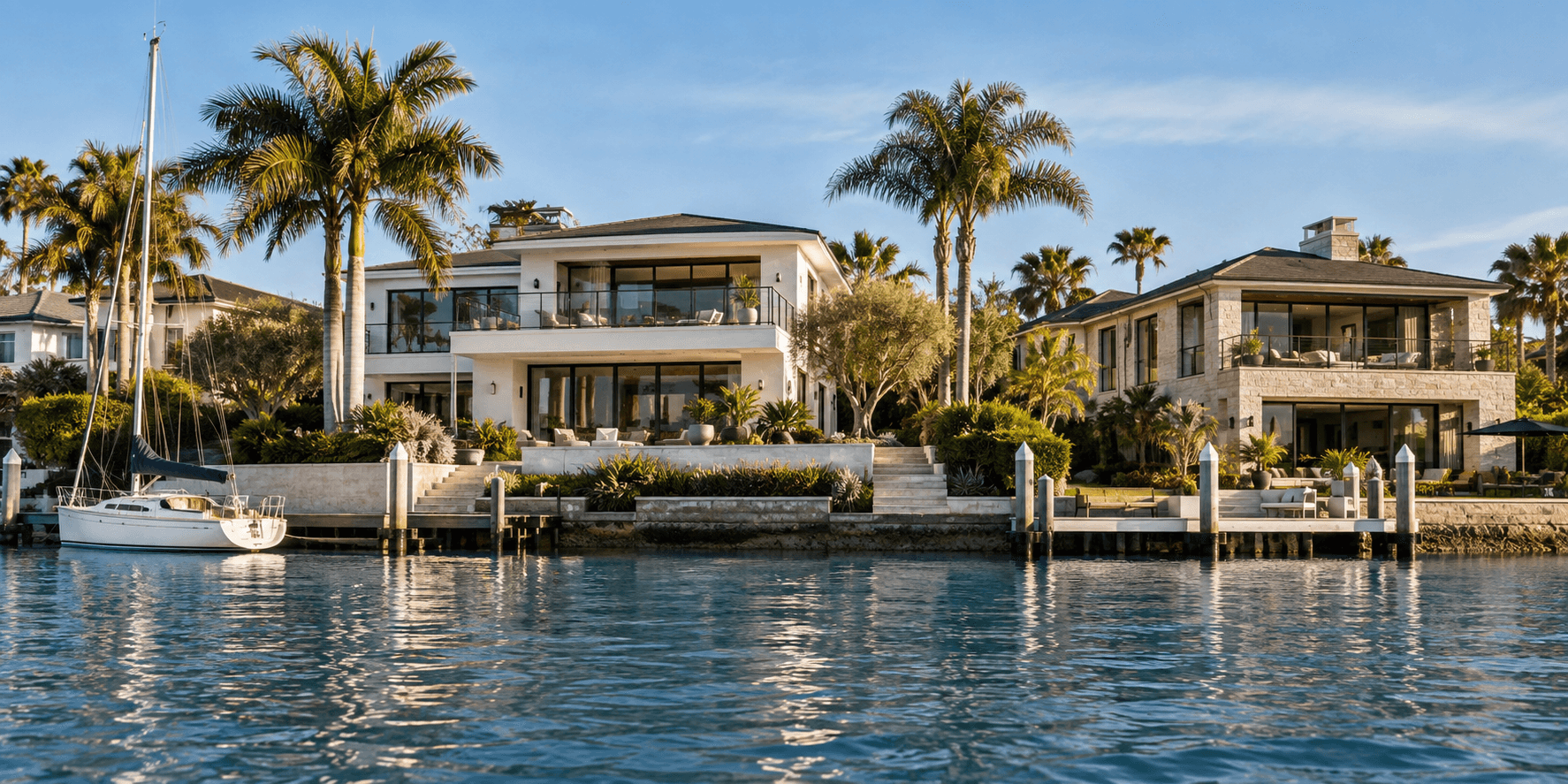 Illustrative coastal residences beside a harbor